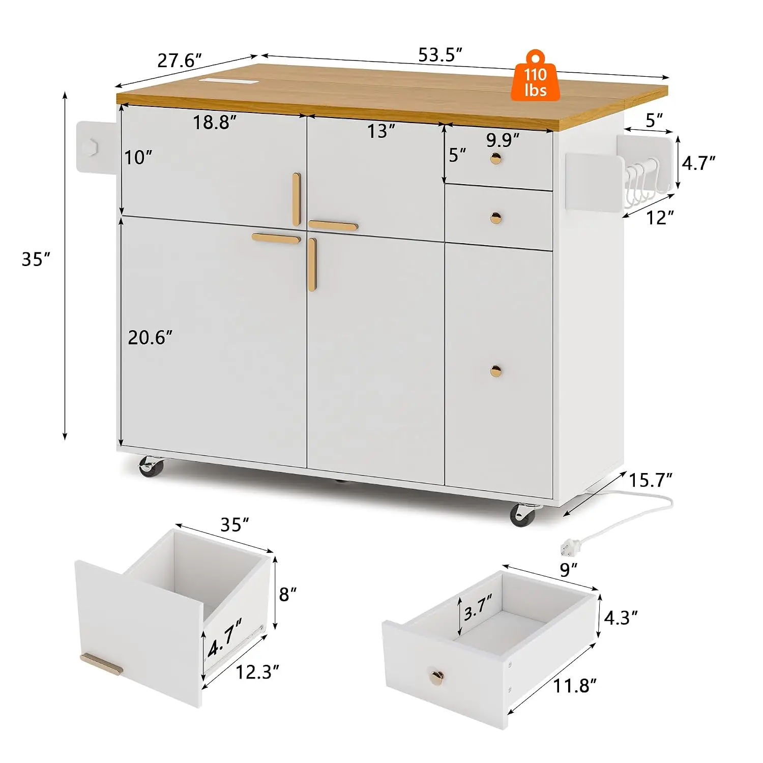 53'' Kitchen Island Drop Leaf Power Outlet Wheels 3 Drawers Pull Out Rack Rolling Cart Kitchen Dining White, Customized