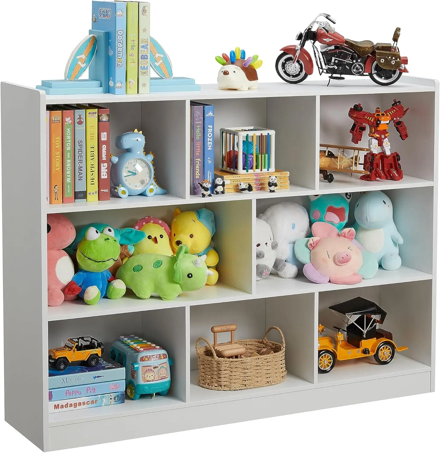 رف كتب خشبي من 3 طبقات، خزانة تخزين مكونة من 8 أقسام، باللون الأبيض