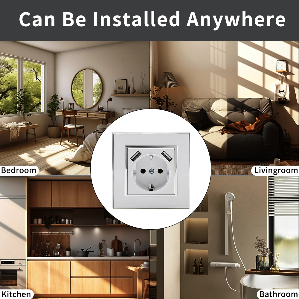 WESA-مقبس طاقة أكريليك عاكس أسود مع 2 USB ، منفذ كهربائي قياسي أوروبي ، قابس أرضي ، مقبس حائط ، مانع للهب #5
