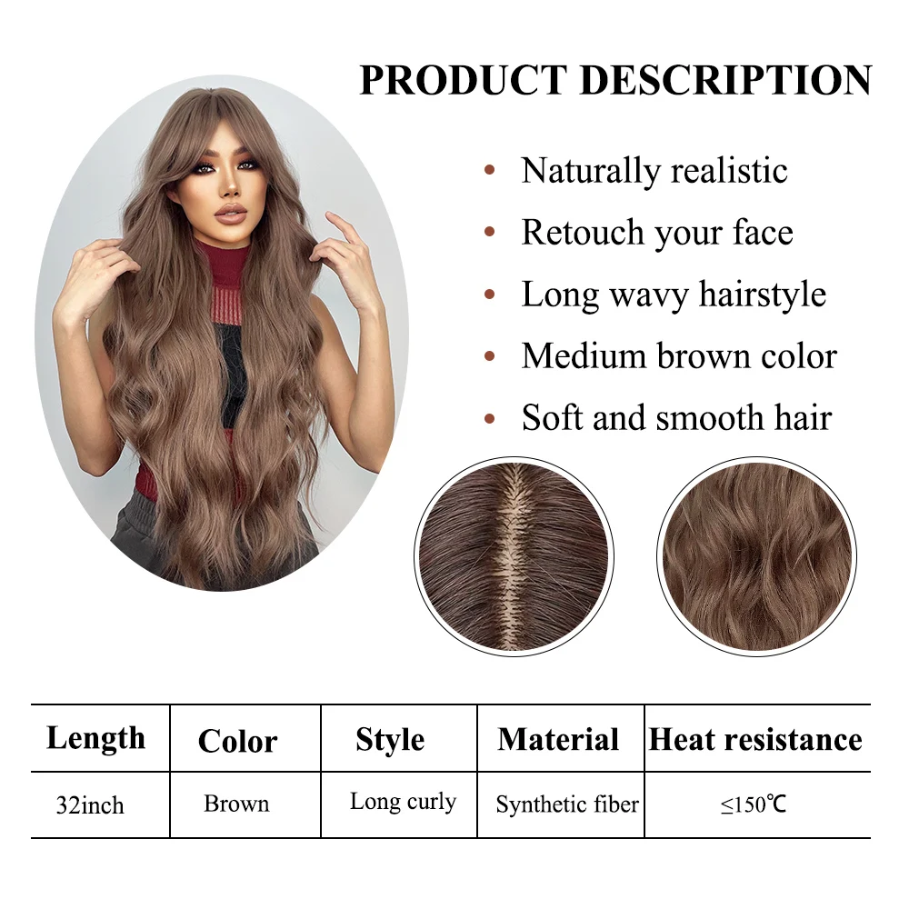 Super Long Curly Chocolate Brown Synthetic Hair Wigs with Bangs Cosplay for Women Afro Water Wave Natural Heat Resistant Wig