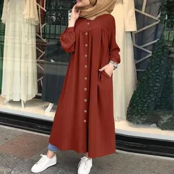Vestido musulmán Abaya para mujer, Túnica informal islámica, camisa de botón femenino, ropa monocromática, Dubai, Turquía, Islam