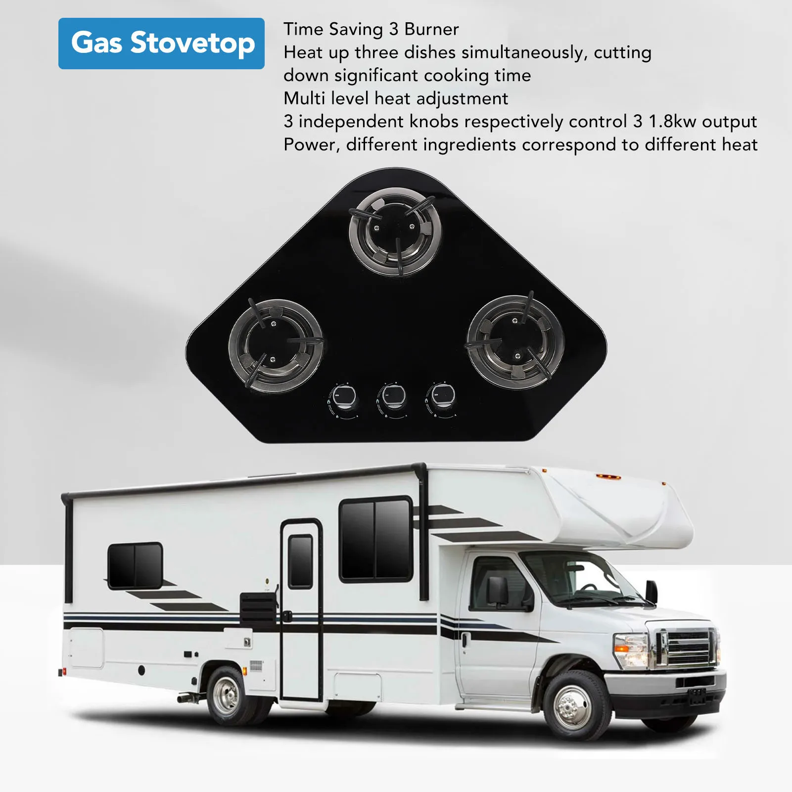 Estufa de gas Panel de vidrio templado Acero inoxidable 3 quemadores 1.8Kw Estufa de gas para barco Caravana RV Camper