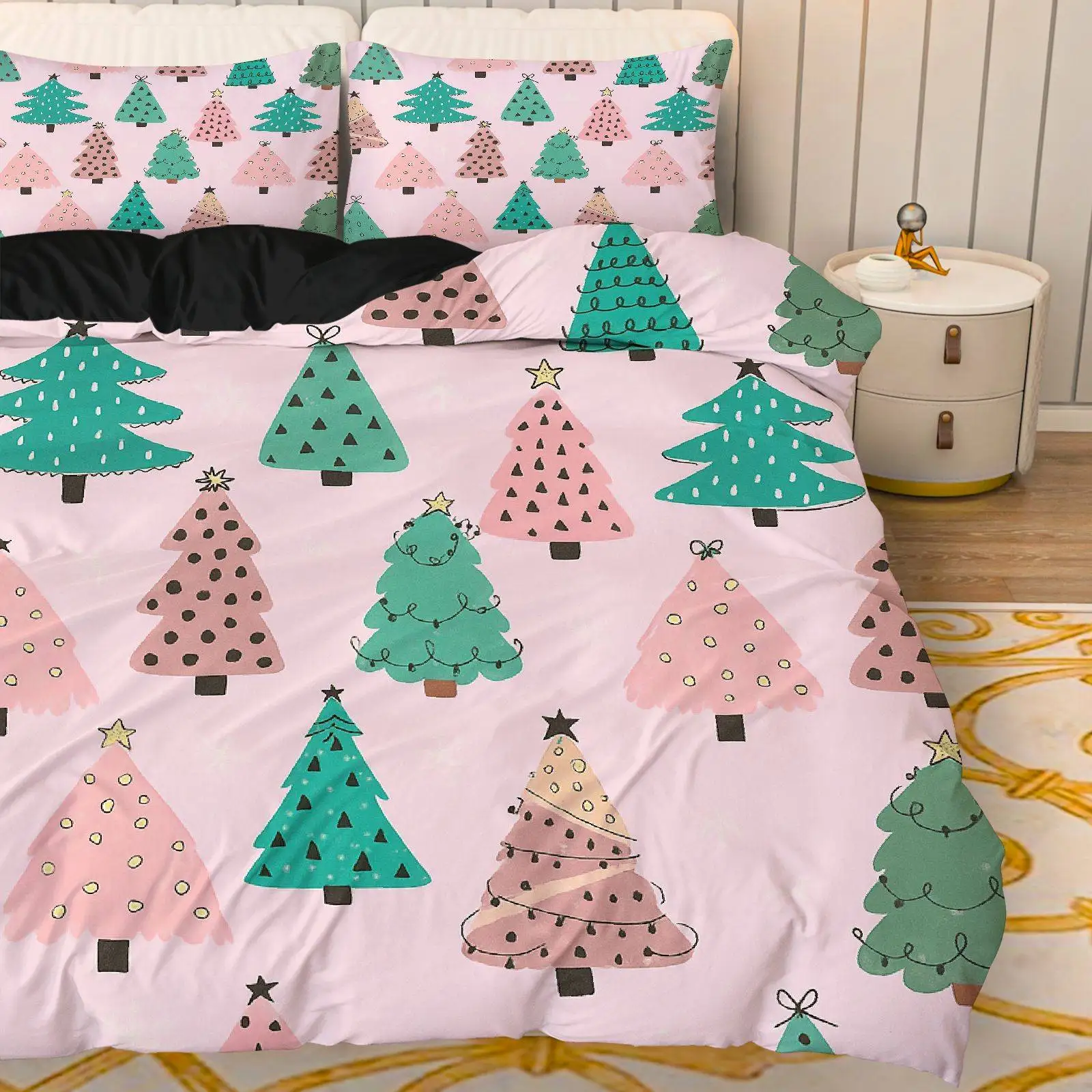 ensemble-de-housse-de-couette-arbre-de-noel-et-etoile-literie-a-pois-rose-vert-avec-fermeture-a-glissiere-literie-toutes-saisons-en-polyester-doux-3-pieces