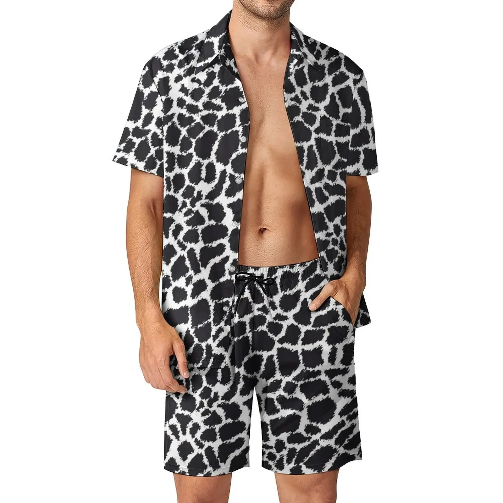 Shirt Met Luipaard Dierenpatroon 2 Stuks Sets 3d Heren Casual Mouwen Oversized Strandshorts Hawaiiaanse Streetwear-Pakken