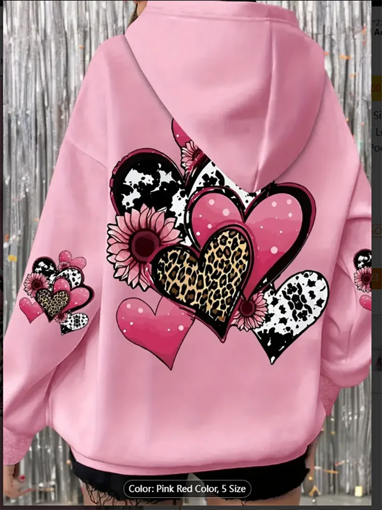 

Женская толстовка с капюшоном большого размера, пуловер с длинными рукавами, леопардовым и цветочным принтом в виде сердца, карман-кенгуру, 100% полиэстер