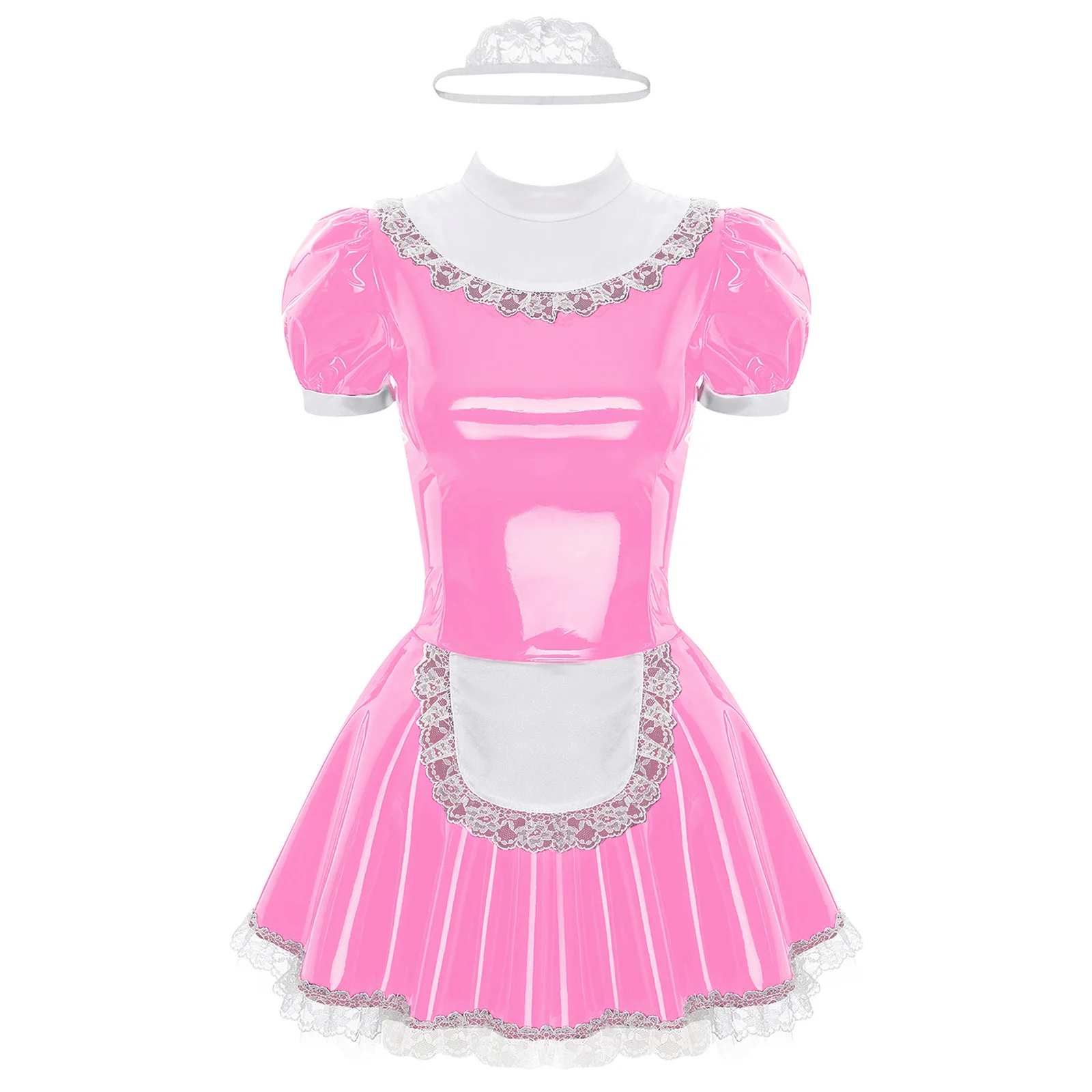 Womens Glossy Patent Leather French Maid Uniform Dress with Lace Headband Ruffles Lace Apron Puff Sleeve A-Line Dress Clubwear