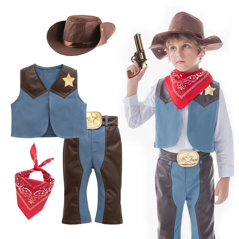 

Baby Cosplay Clothes~ Western Cowboy Style Boy 4-piece Set Suit with Hat & Triangle Towel /Cool Bodysuit 3437