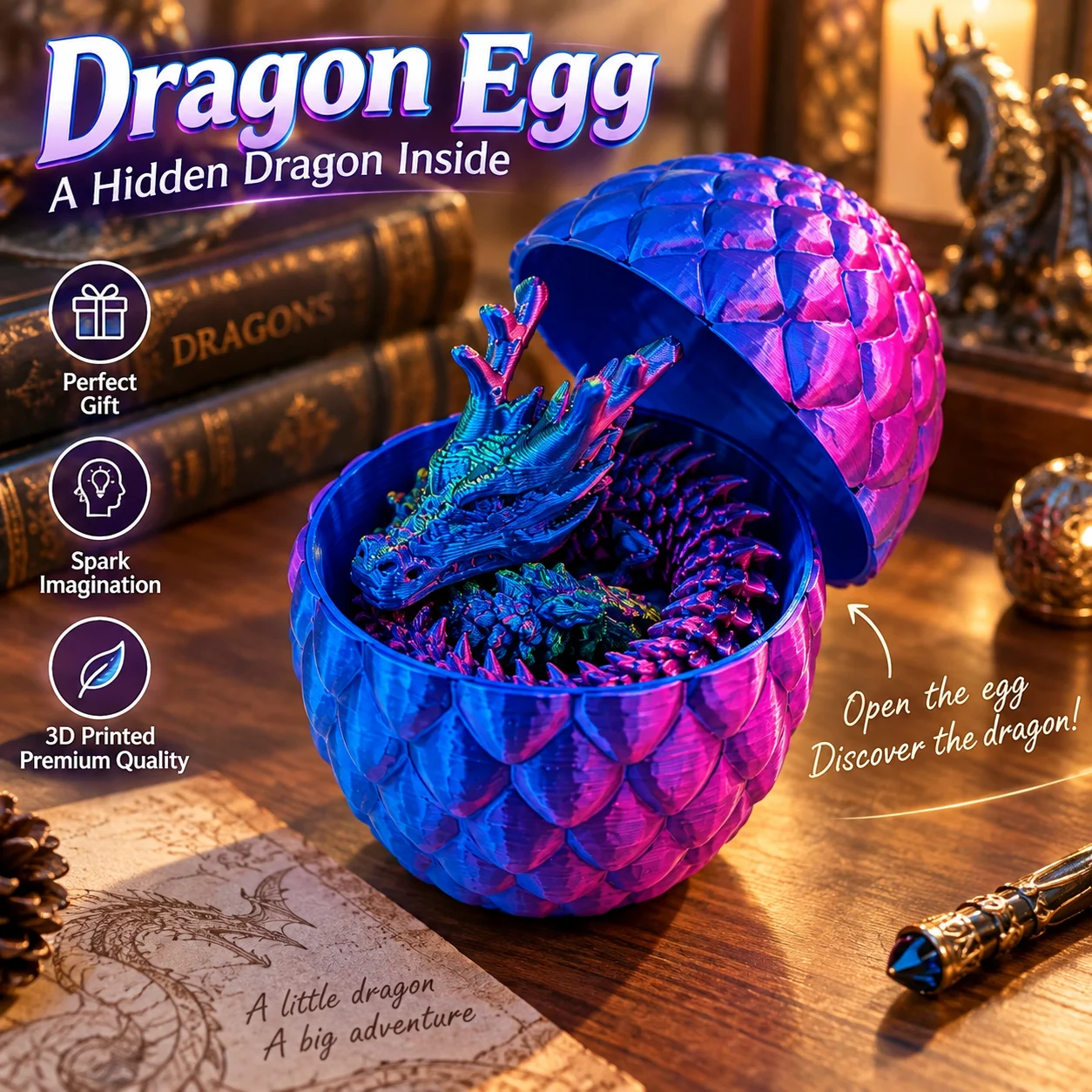 3D Printed Crystal Egg & Articulated Dragon Toy, Flexible Fantasy Desk Display, Halloween Gift for Collectors