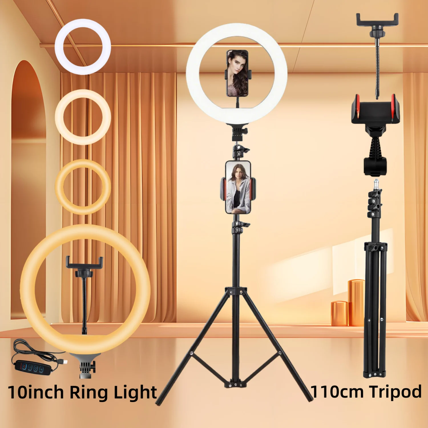 

10-дюймовый регулируемый 3-цветный светодиодный кольцевой светильник с гибким штативом и держателем для телефона — идеально подходит для селфи, видеоблогов, интервью
