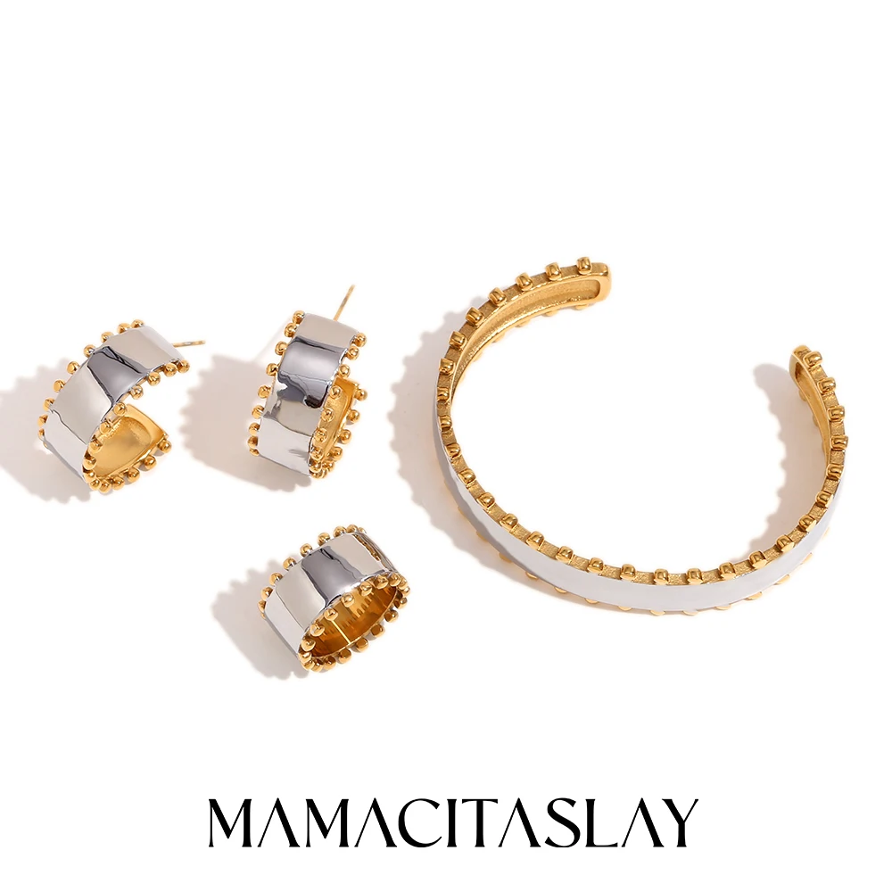 

MamacitaSlay Double-Sided Beads Hoops earrings gold plated silver Color Cuff Bracelet Earrings Stainless steel jewelry woman