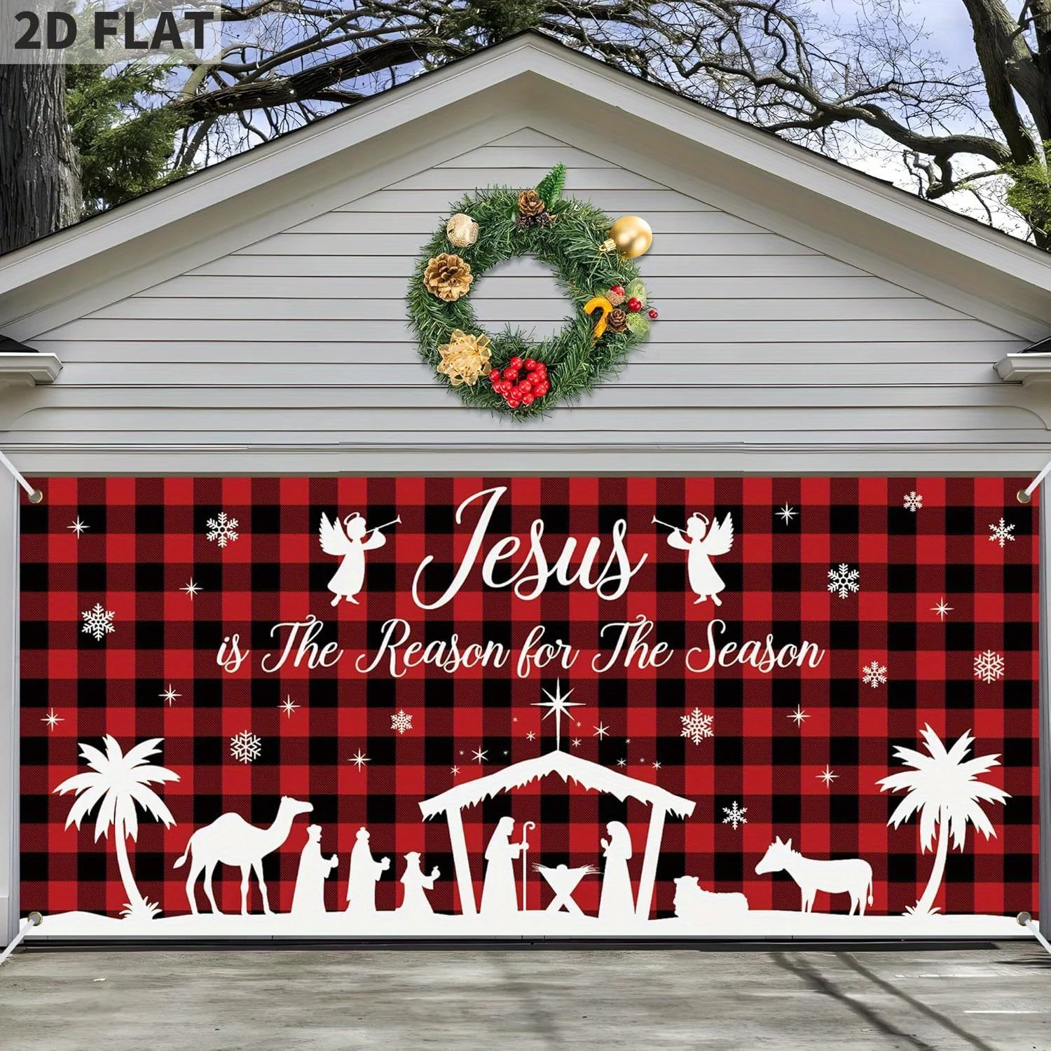 

Christmas Nativity Garage Door Cover Large Holy Nativity Scene Garage Banner Mural Jesus Red Buffalo Plaid, Garages Backdrop