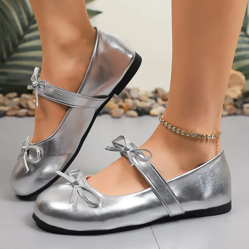 

Fashion Large Size Flat Bottom Single Shoes for Women Butterfly Knot French Style Evening Mary Janes Casual Footwear Summer Shoe