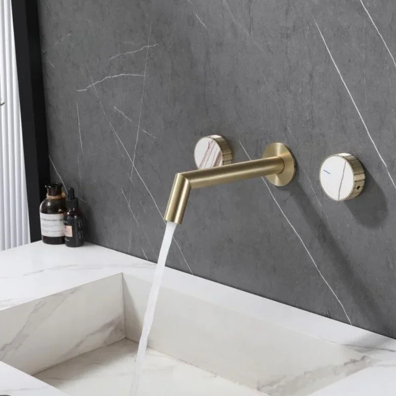 

Modern wall mounted wash basin faucet dual handles faucets mixers taps brass bathroom sink faucet