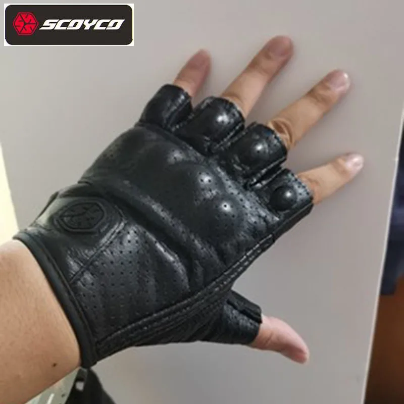 scoyco-オートバイライディングハーフフィンガーグローブ、落下防止レザーシープスキンオートバイレーシングライダー装備、メンズ夏