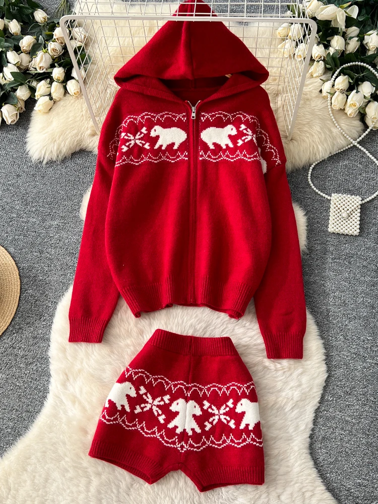 

Cisas Aosphere Casual Knitted Hooded Long Sve Women's Set High Waist orts Loose Fit Faion Autumn Wear