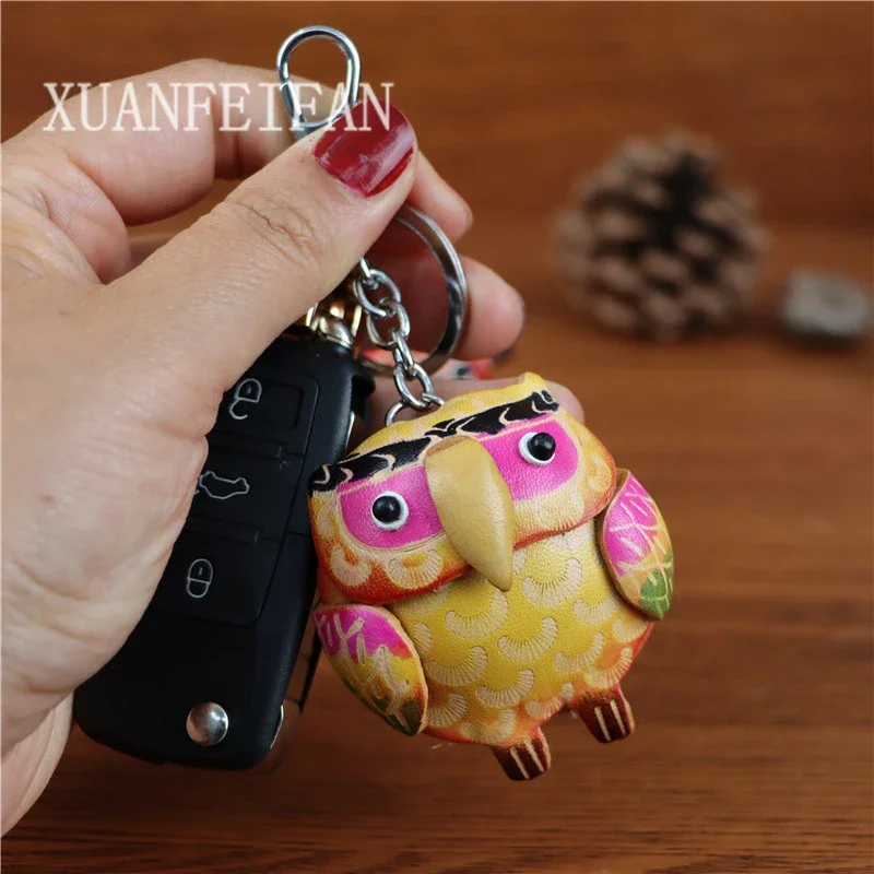Head Layer Cowhide Owl Car Keys Bag Charm Charm Mini Creative Cute Key Chain Birthday Gift