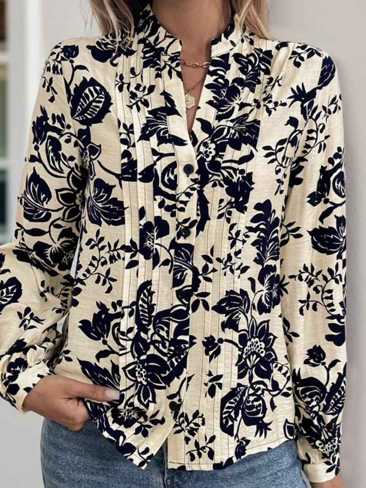 Chemisiers femmes chemise à manches longues hauts imprimé col montant Y2k Streetwear haut élégant épissure décontracté chemises de travail 2025 automne