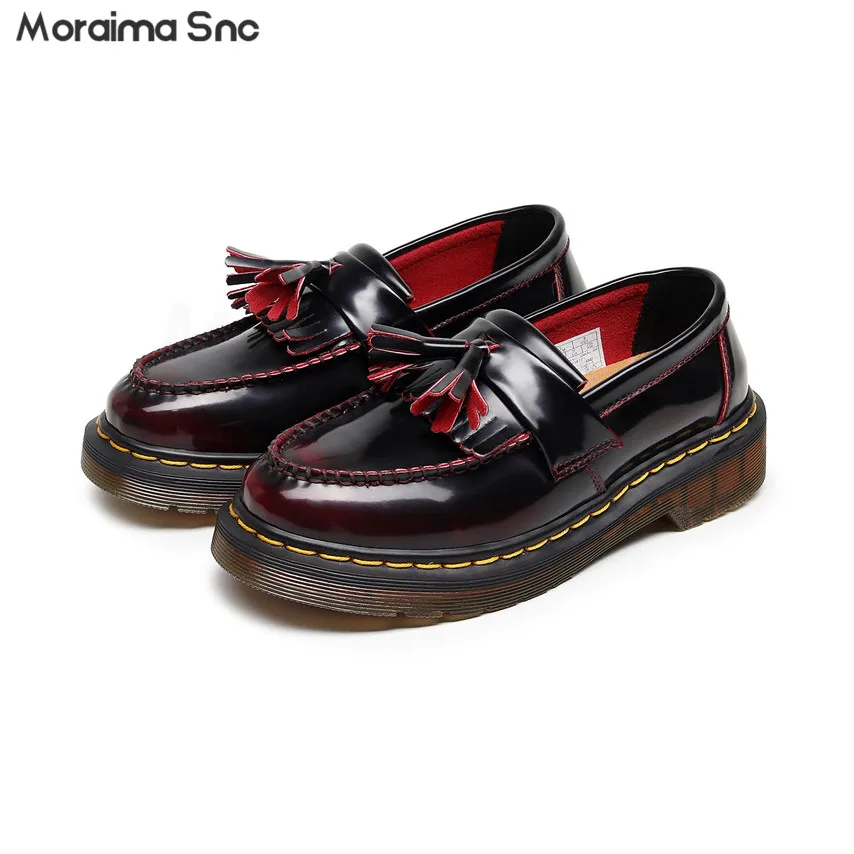 Red Tassel Loafers Round-Toe Leather Low-Heeled Business Shoes Fashionable Large Size Casual and Comfortable Women's Shoes