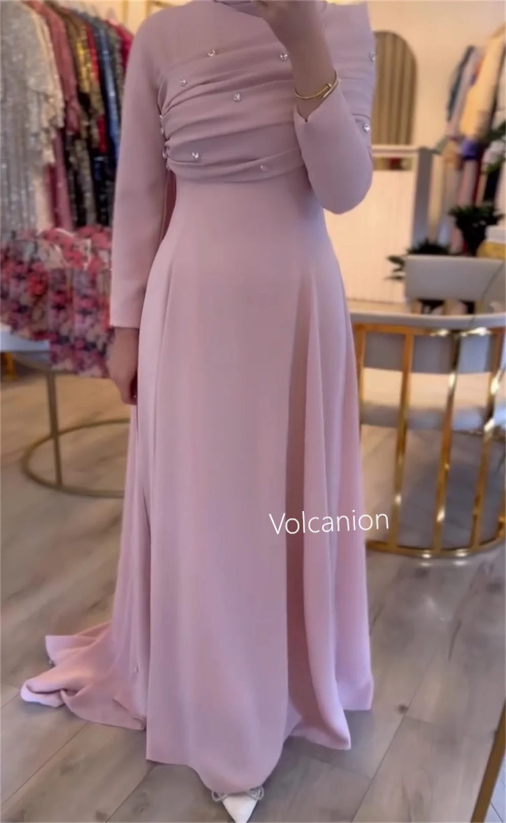 Customized Jersey Rhinestone Pleat A-line High Collar Long Dresses Bespoke Occasion Evening Simple Elegant