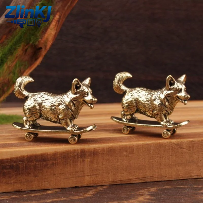 Brass Skateboard Dog Figure Vintage Mini Sculpture Collectible Ornament for Car Home Decor Skate Lovers Gift