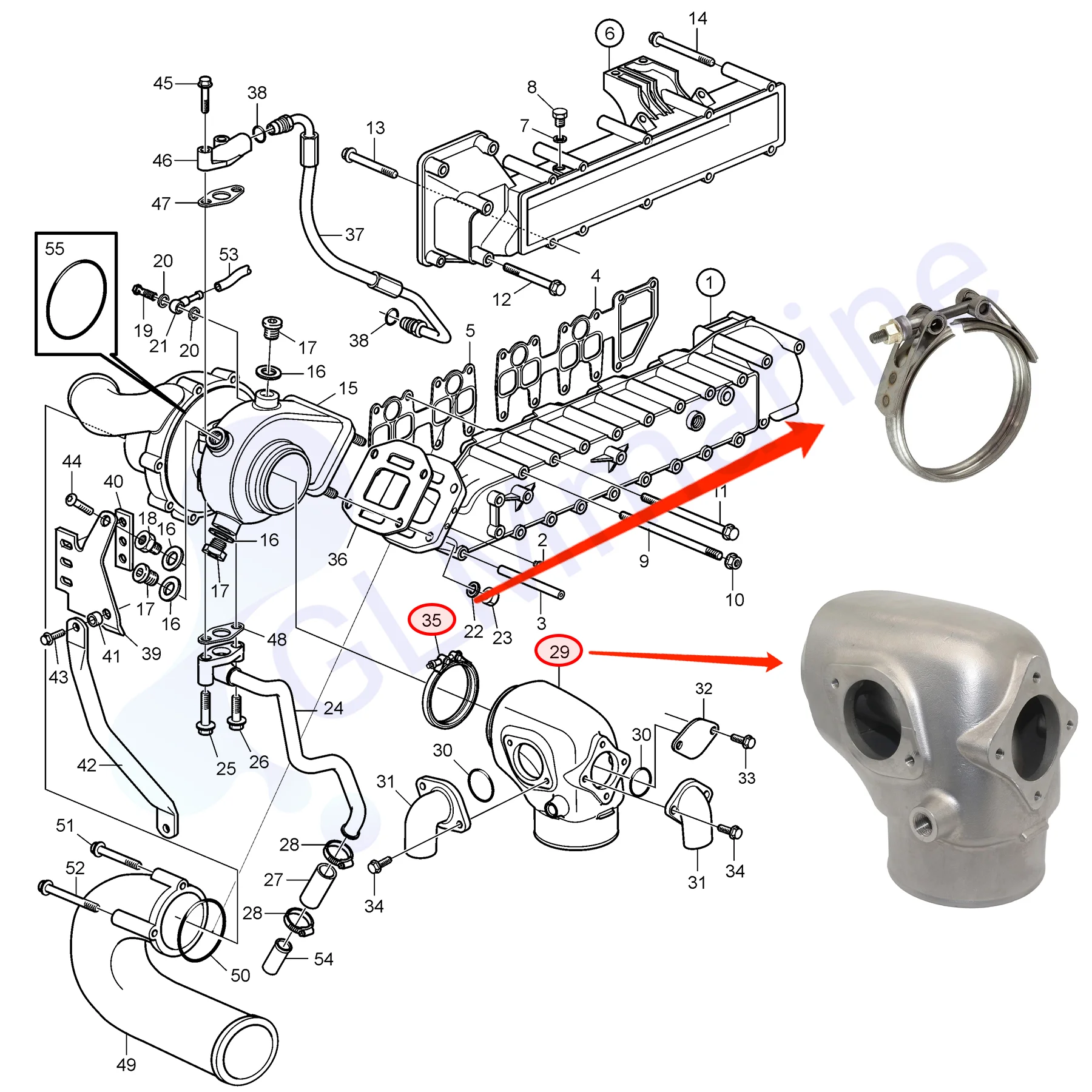 Boat Engine Exhaust Riser Elbow 21684826 with V Clamp 21325765 for Volvo Penta D4- 180 210 225 260 300 Series Models 3884701