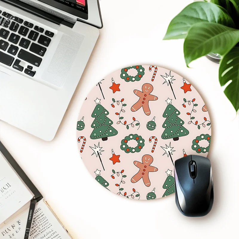 

Christmas Tree Gingerbread Man Round Mouse Pad Non slip Rubber Base Portable Office Desktop Pads Computer Laptop PC Accessories