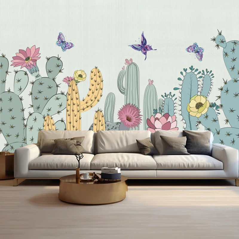Custom Size 3D Cartoon Cactus Wall Mural Hand-painted Kids Room Wallpaper Nursery Decor & Home Interior Decoration Wall Papers