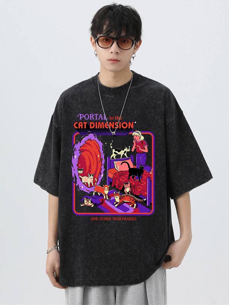 Camiseta Retro lavada con estampado de gato para hombre, camisa holgada de algodón, ropa transpirable de gran tamaño, informal, de verano