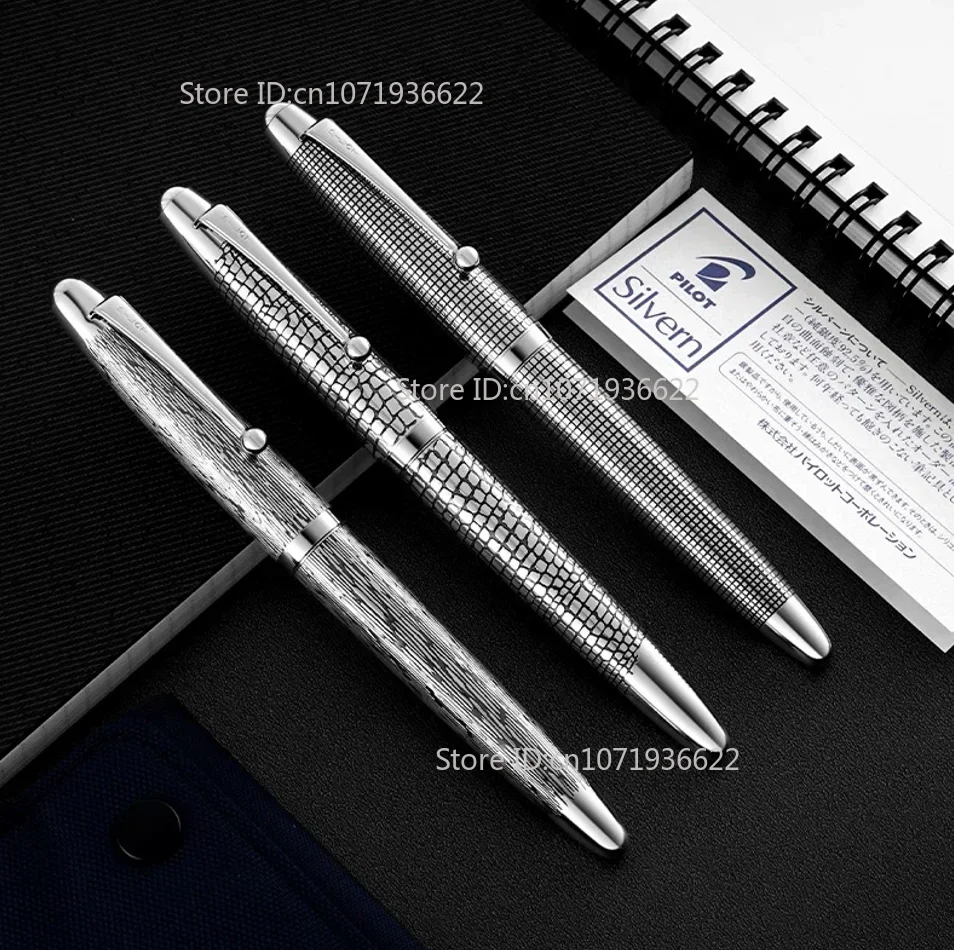 Japan PILOT Sterling 925 Silver Fountain Pen Rhodium Plated 18K Gold Nib Stone Grid Spun Pattern Engraved Business Signature Pen