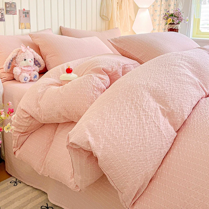 Korean Seersucker Duvet Cover Skin-Friendly Comfortable Candy Bedding Set 4/3/1 Pcs Ultra Soft Solid Single Double Quilt Covers