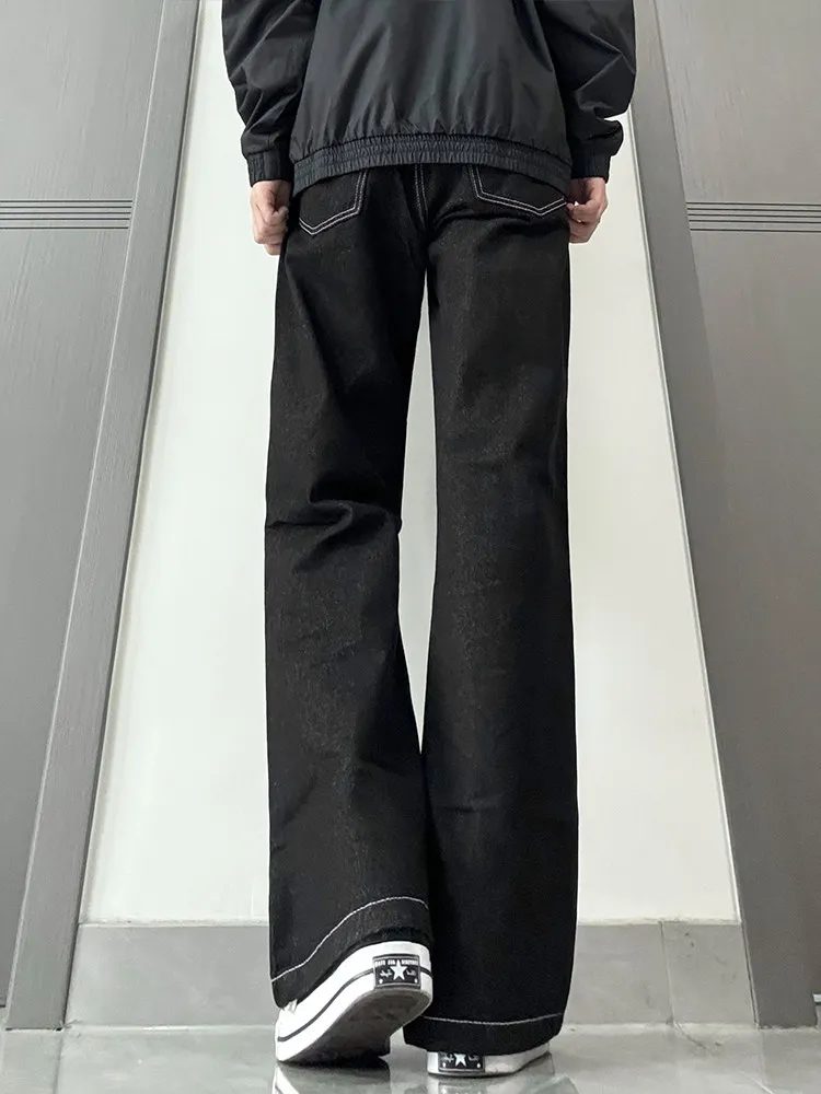 Black Original Denim Micro Flared Washed Jeans Men's American High Street CleanFit Slimming Straight Leg Jeans