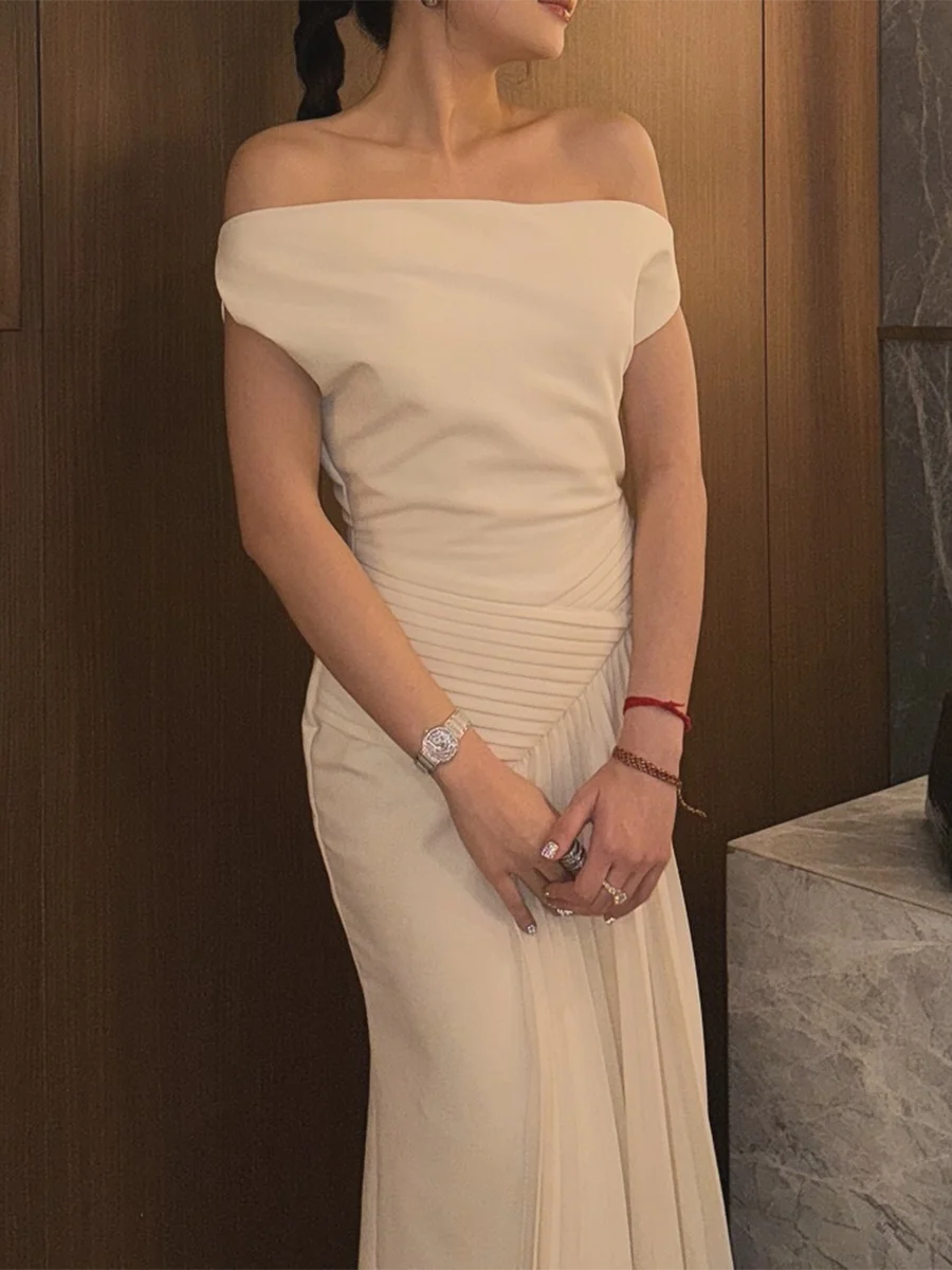 TWOTWINSTYLE Solid Spliced Folds Slimming Dresses For Women Slash Neck Sleeveless High Waist Temperament Dress Female Fashion