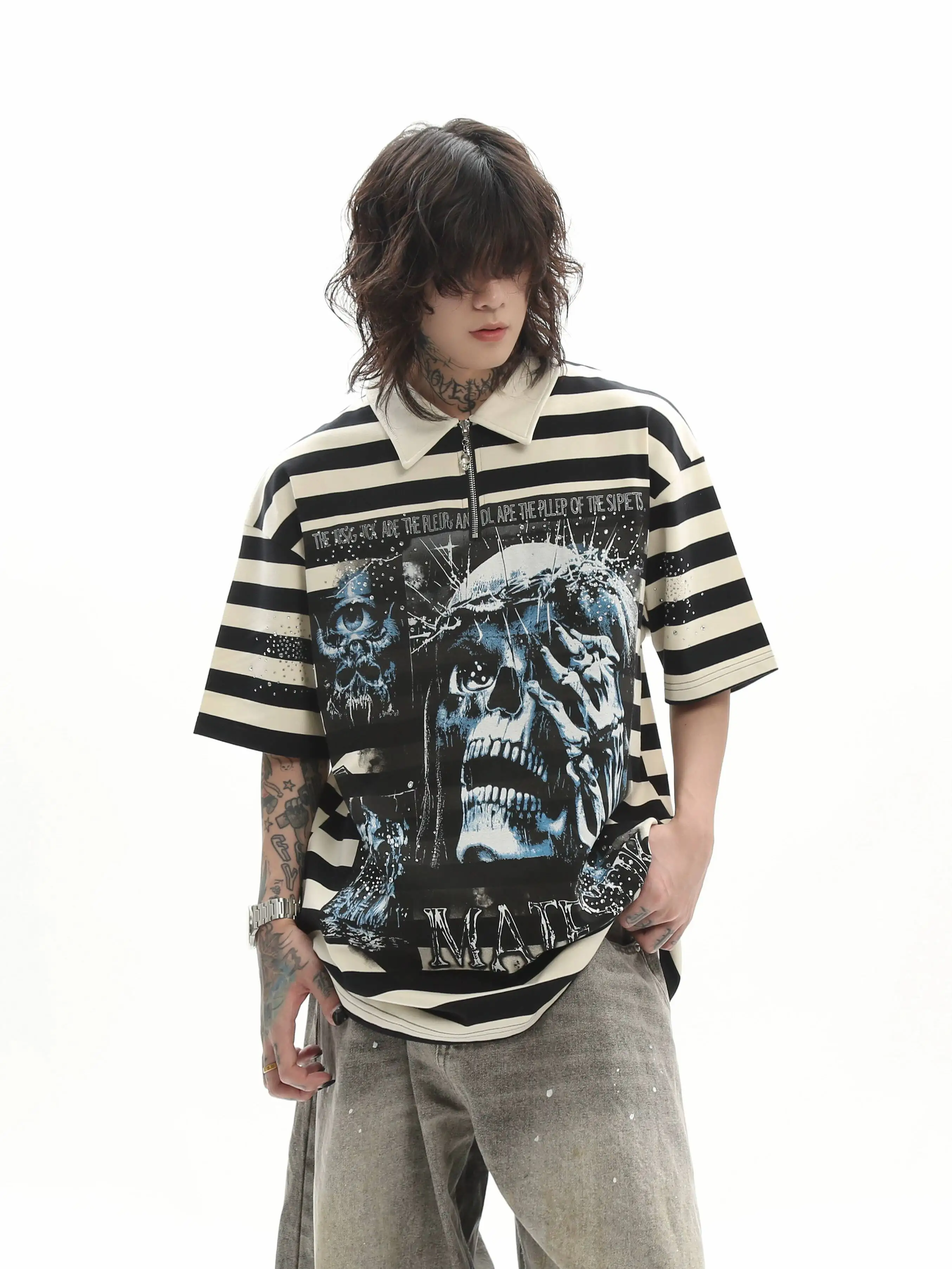 New Men T-shirt Heavyweight Dirty Washed Dark Short Sleeve Shirts High Street Skull Print American