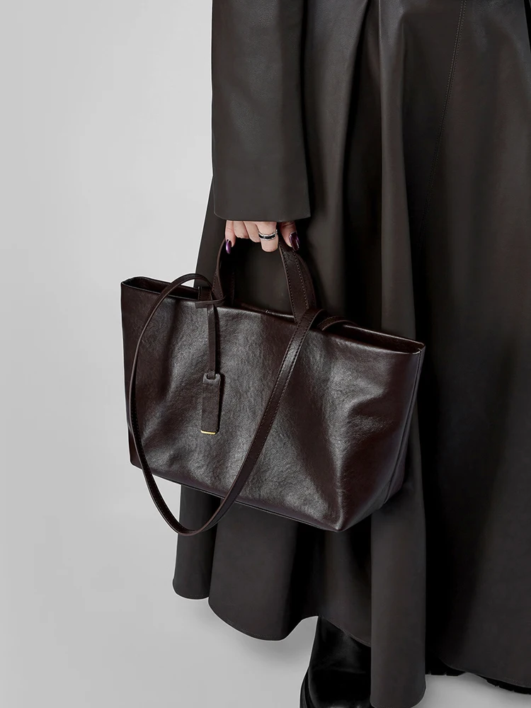 SHELKSBAG Women Vintage Oil Wax Cowhide Tote Bag Large Capacity Handbag Detachable Strap Crossbody Commuter Shoulder Purse