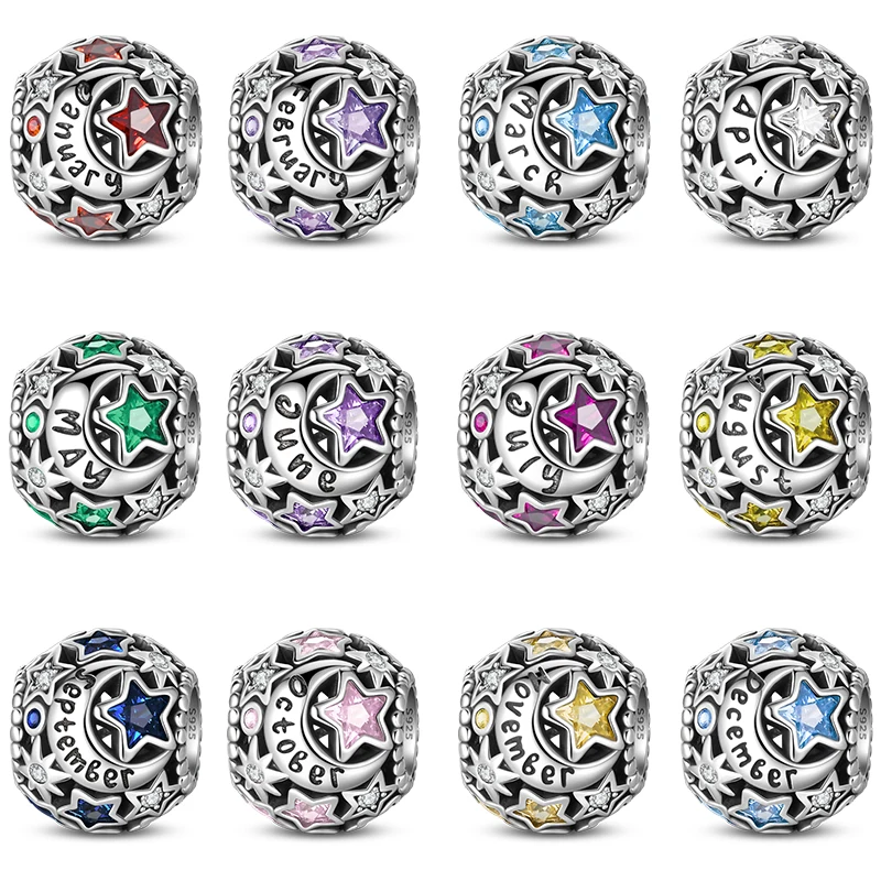 925 Sterling Silver Birthdate Stone Charms Beads From January to December Sparkling CZ Fit Original Bracelet DIY Women Jewelry