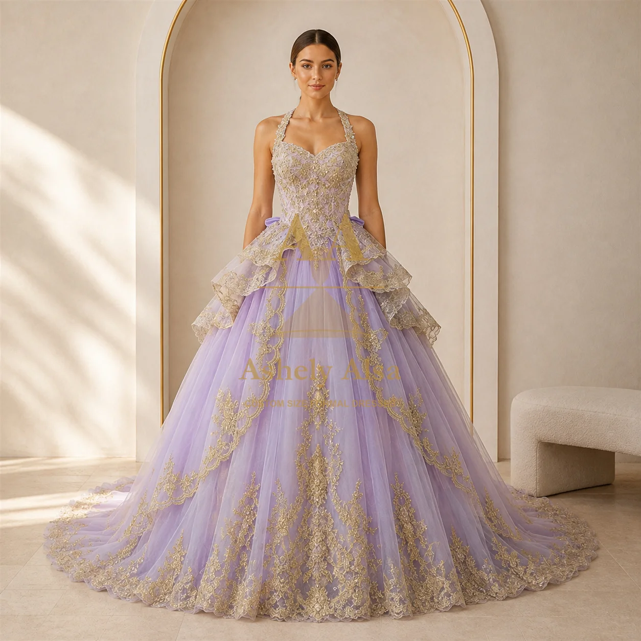 Lavender Gold Quinceanera Dress Sleeveless Embroidered Tiered Tulle Ball Gown Sweet 15 Birthday Formal Party Vestidos de 15 Anos