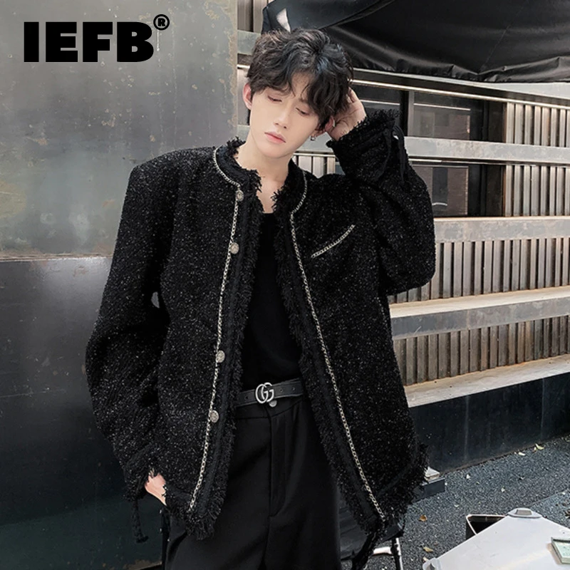 

IEFB Niche Design Men's Jackets Woolen Metal Chain Single Breasted Raw Edge Shoulder Pads Solid Color Male Loose Coat New 9C7896