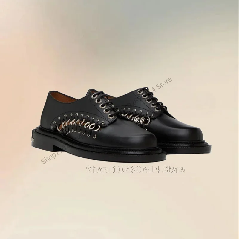 

Black Metal Circle Hollow Design Strappy Men Shoes Fashion Lace Up Male Shoes Luxurious Handmade Party Office Men Casual Shoes
