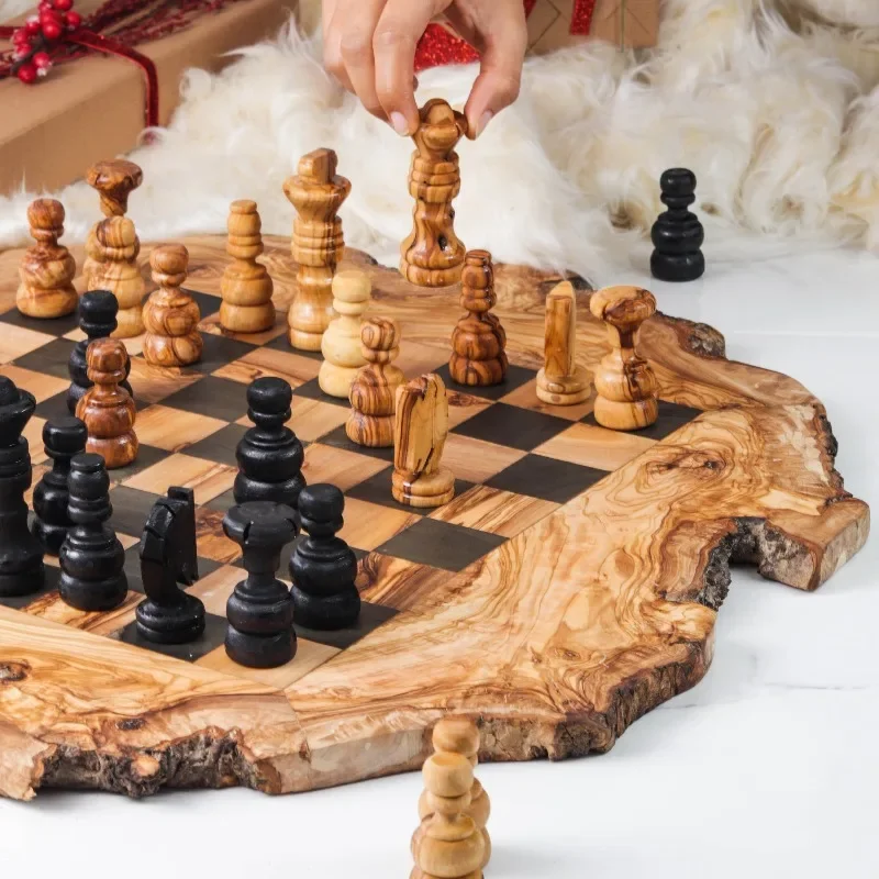 Handcrafted luxury wooden chess set with olive wood blocks and rough edges: a unique addition to the board game series