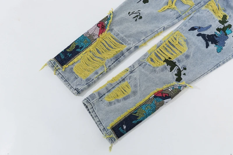 Chinesische Malerei-Stickerei auf Denim-Jeans für Herren, Streetwear mit Falten und Quasten, Distressed Destroyed Jeans, Gerade geschnittene Hose – Detail 12