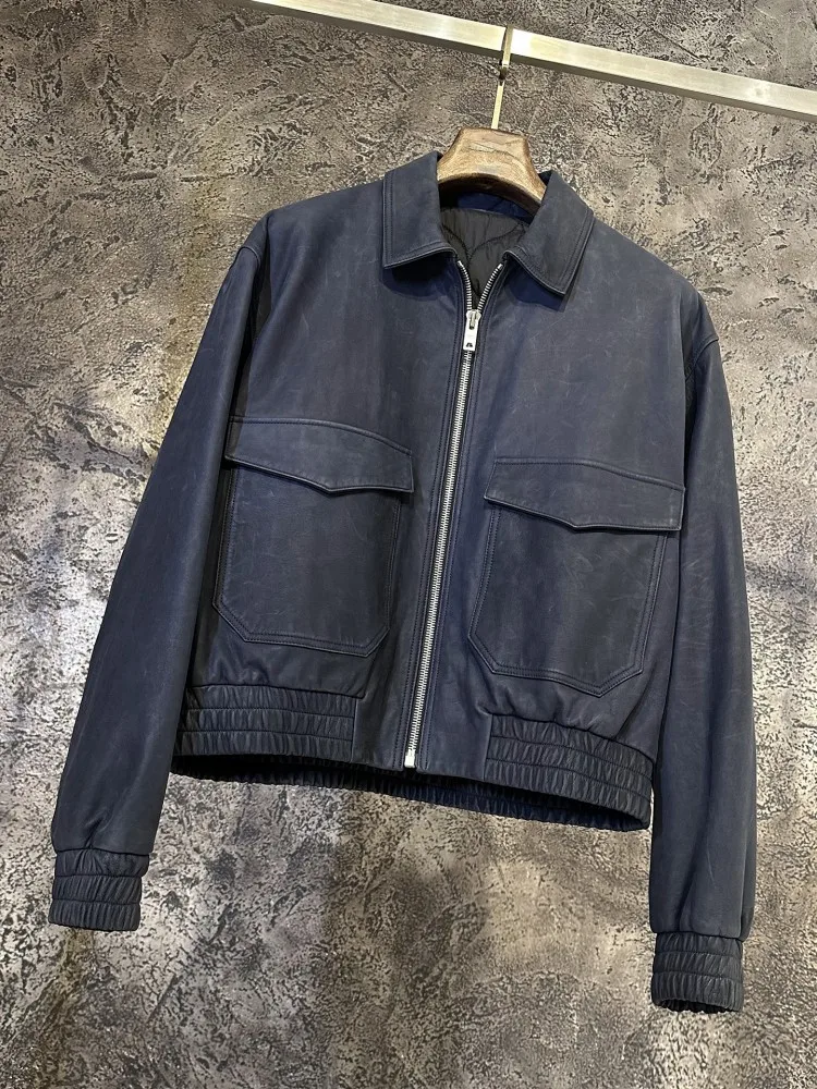 Veste en cuir véritable pour hommes, Streetwear, automne hiver, col rabattu, doublure rembourrée, haute qualité, décontractée, ample, manteau court en peau de chèvre