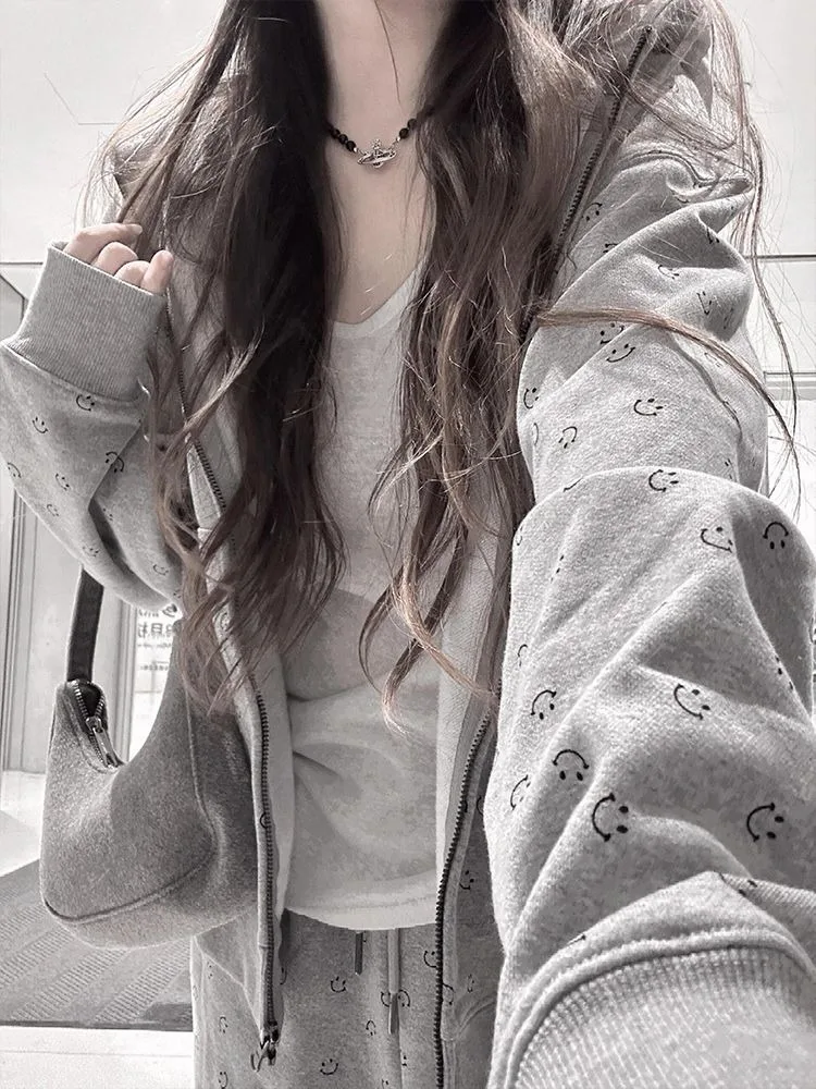 

Повседневный универсальный спортивный комплект в корейском стиле для женщин, новый серый кардиган и комплект из двух предметов со свободными брюками