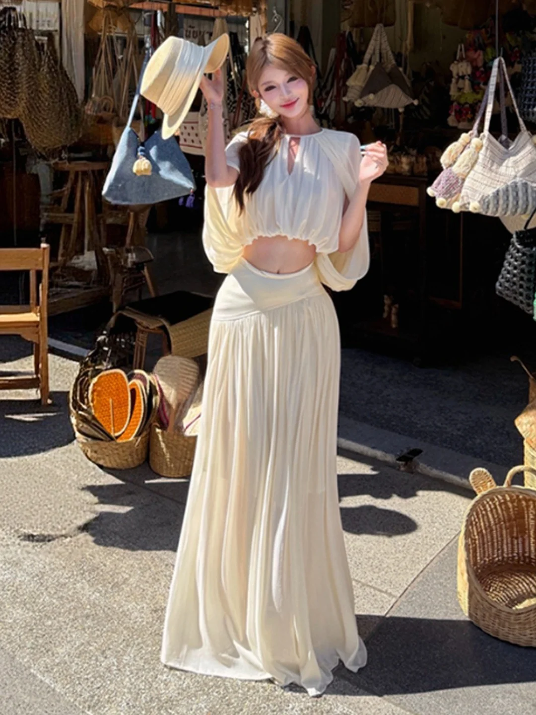 

Beach Vacation Style Top And Skirt Set Youthful Ootd Summer 2026 Fashion Women's Comfortable Short Sleeve round Neck Shirt