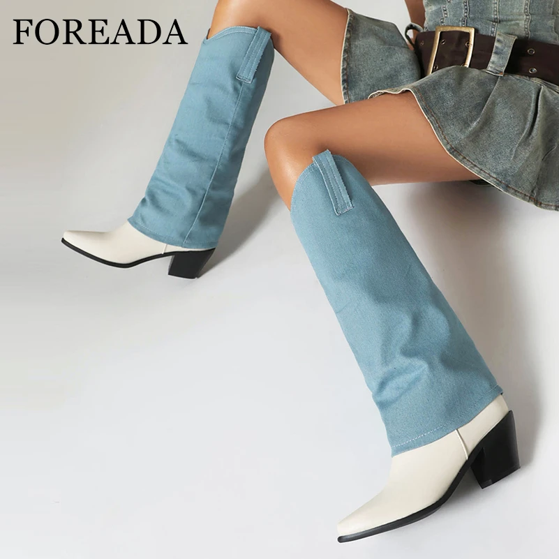 FOREADA-Botas largas hasta la rodilla para mujer, botines de Gogo con punta puntiaguda, tacones altos gruesos, botas de vaquera occidentales, zapatos de moda para mujer, Invierno 46