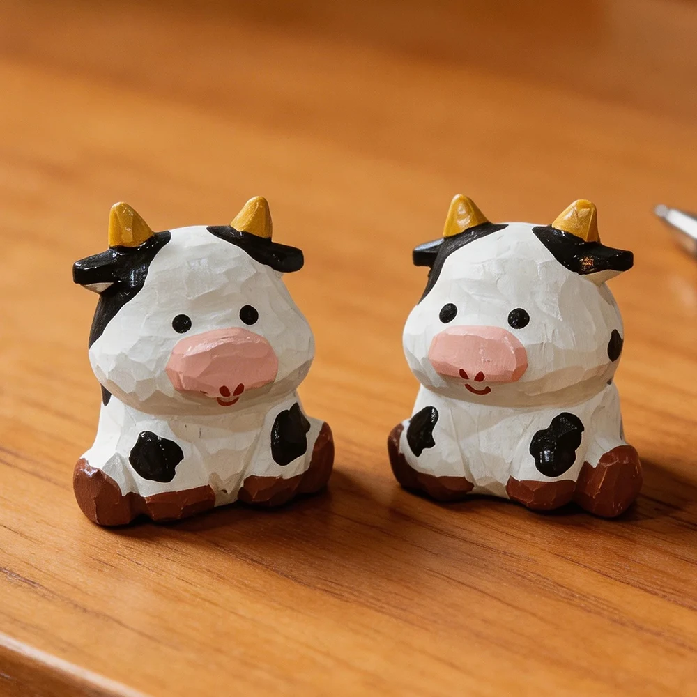 Estatuilla de vaca de madera tallada a mano, decoración de animales de granja para el hogar/oficina, lindo regalo de escultura de ganado para amantes de los animales