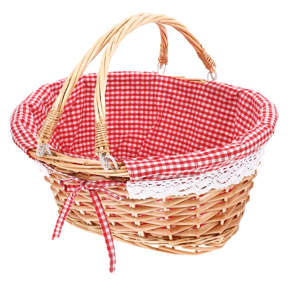 Picnic Basket Red with Handle Large Fitted Baskets Round Fruit Blanket Foldable Table Wicker Cooler Shopping