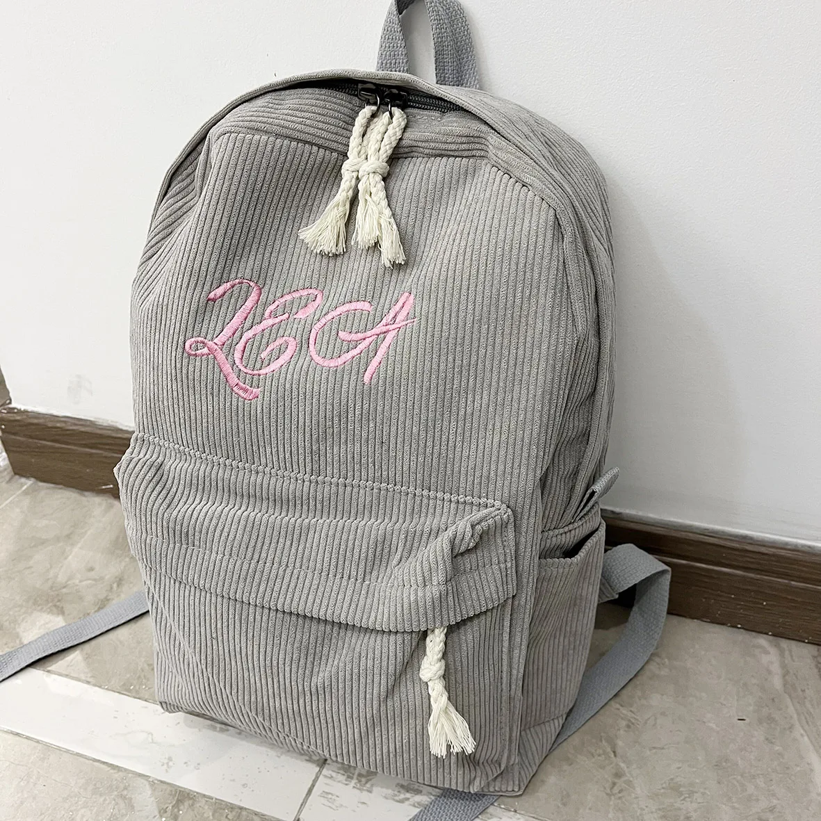 Mochila de pana bordada personalizada con tu nombre, mochila informal Unisex, clásica, portátil, Ultra suave