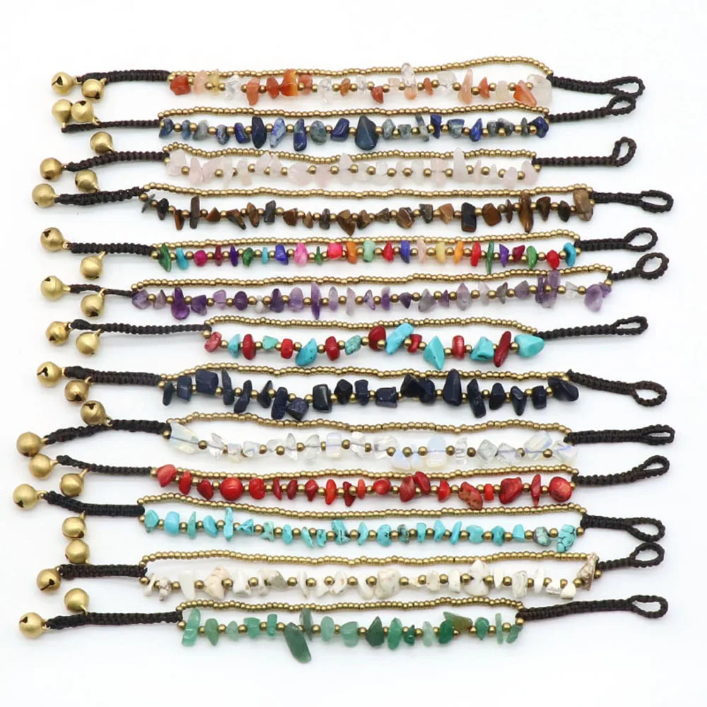 18-18.5cm Bohemian Natural Stone Crystal Chip Bracelet for Women Rose Quartz with Bell Decoration Bracelet Jewelry Accessories