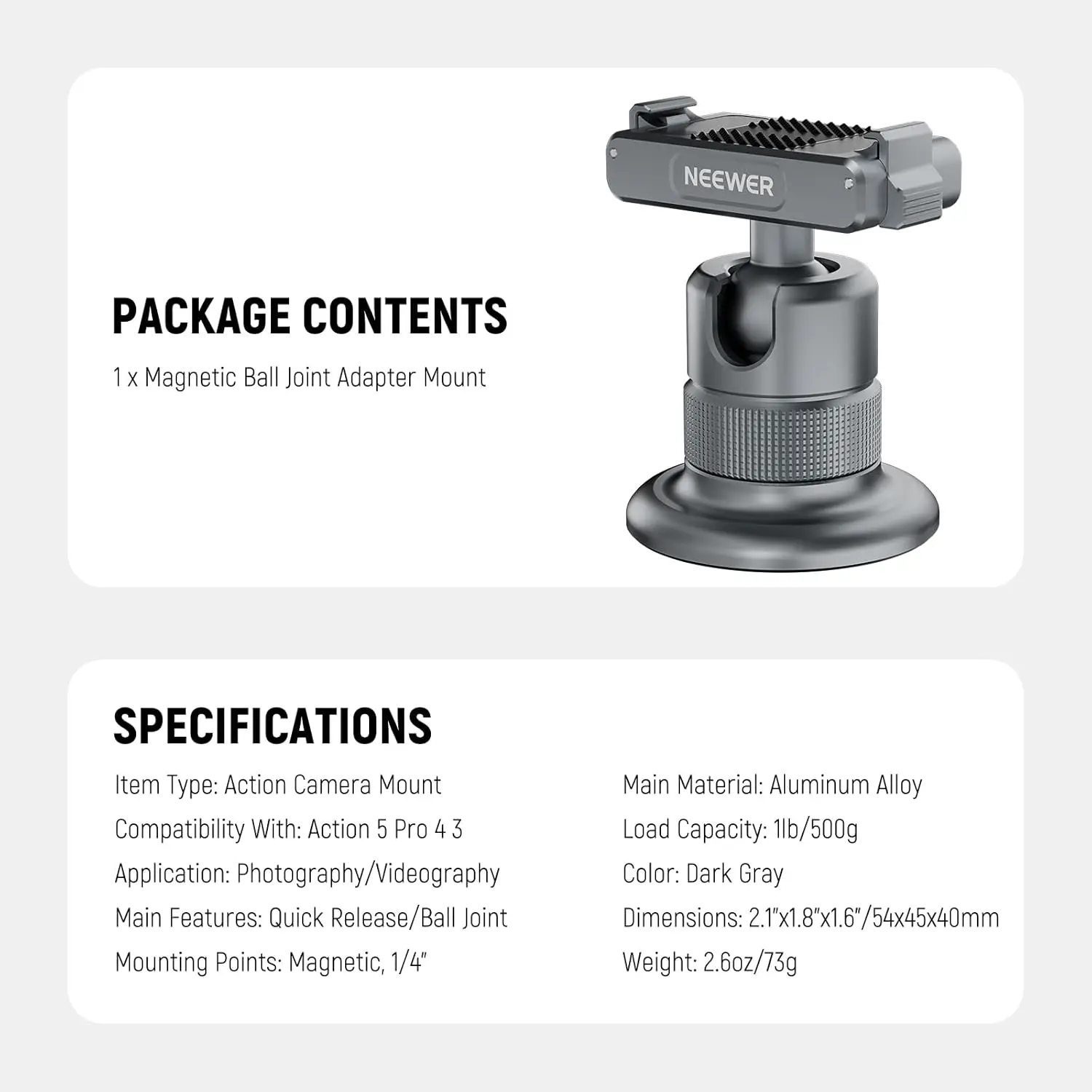 Magnetyczny uchwyt do kamery NEEWER kompatybilny z DJI Osmo Action 5 Pro/4/3, obrót o 360 stopni °   Adapter głowicy kulowej z szybkozłączką — zdjęcie produktu 6