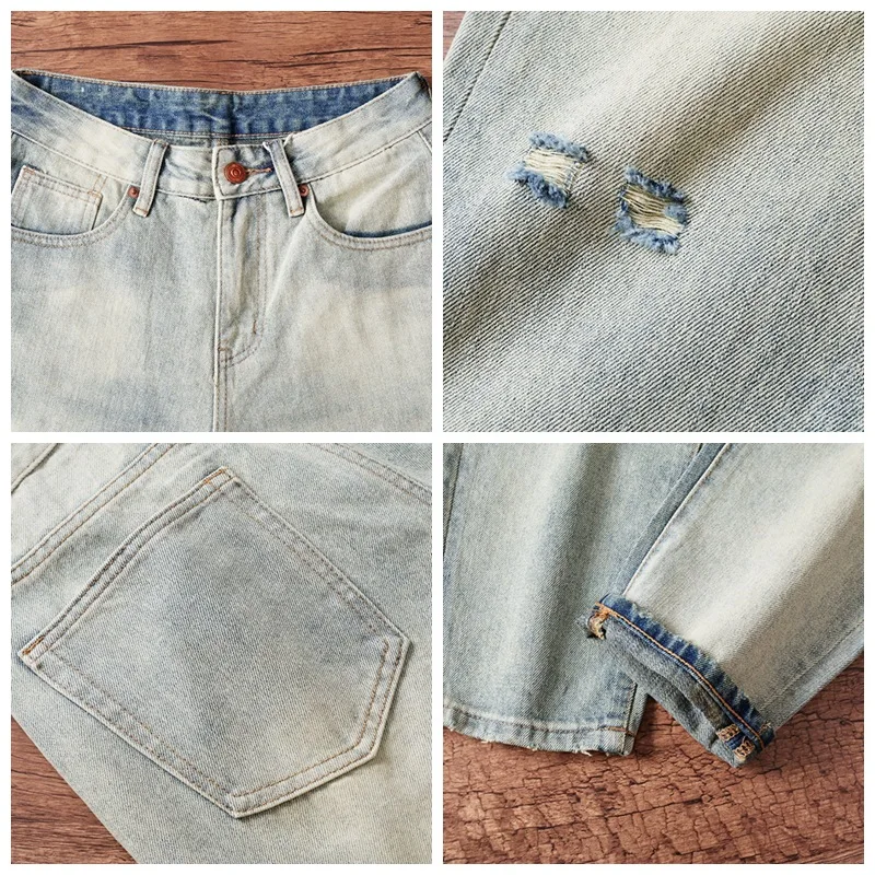 Nueva colección de primavera y otoño, pantalones vaqueros Retro lavados atualizados 2025, pantalones vaqueros de pierna pequeña a la moda con barro amarillo a la moda para hombre